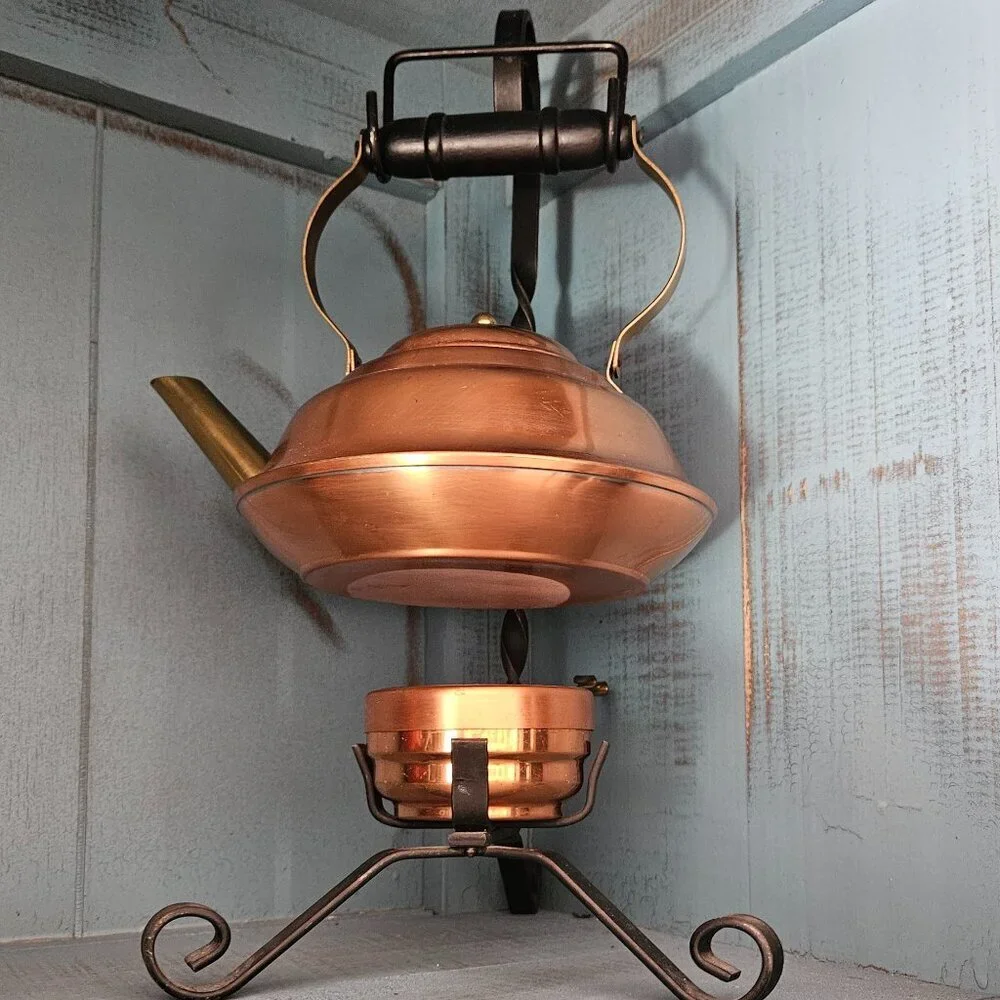 Coppercraft Guild Copper Tea Kettle w/Wrought Iron Warming Stand, vintage 70s